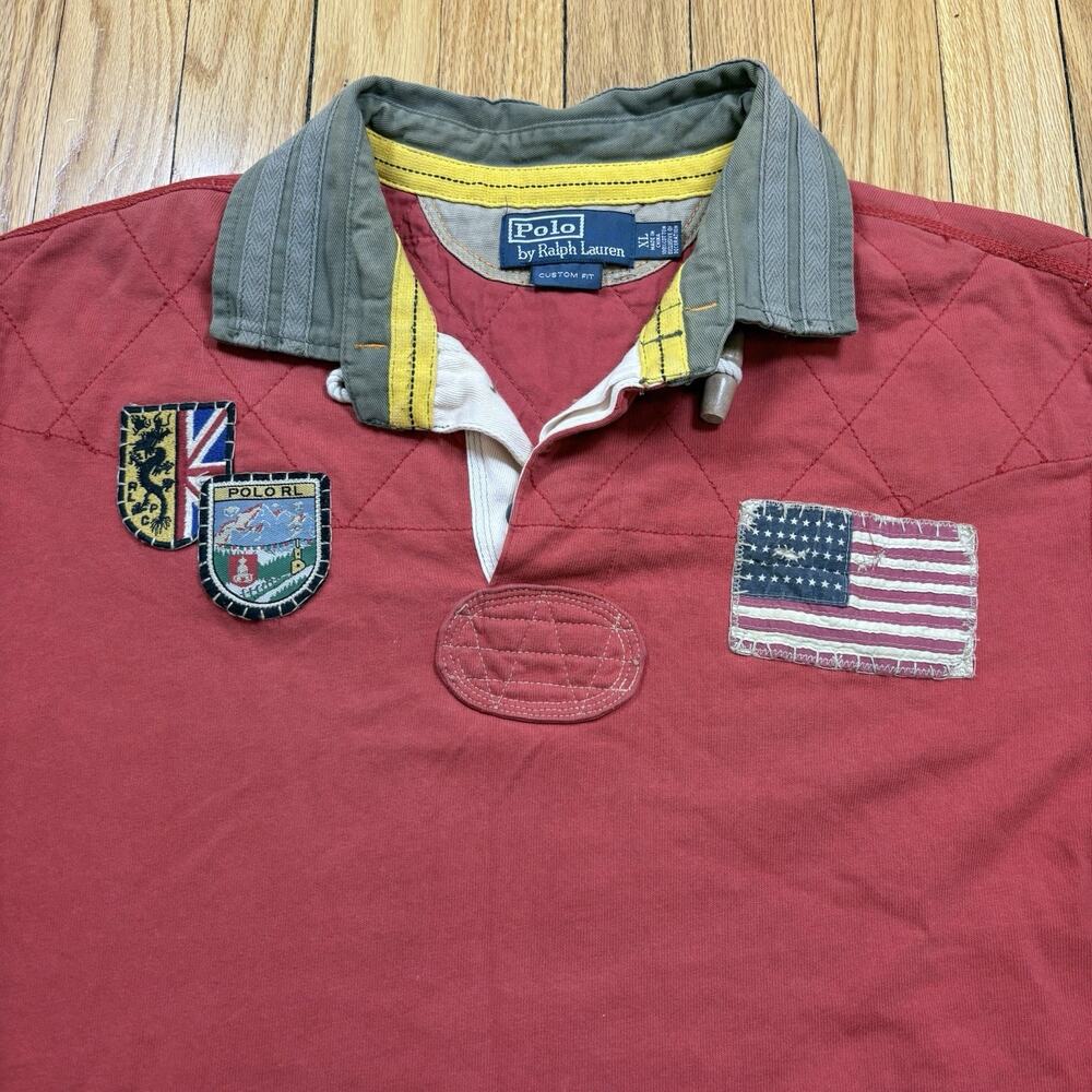 Polo Ralph Lauren XL Mountain Expedition Red Rugby Shirt Patches Flags Outdoor - Picture 2 of 16